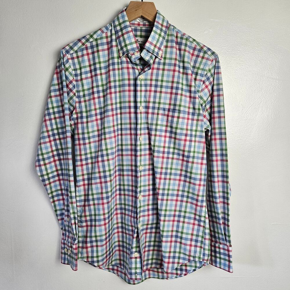 Peter Millar Cotton Button Front Plaid Check Shirt Men's S Blue Green Burgundy